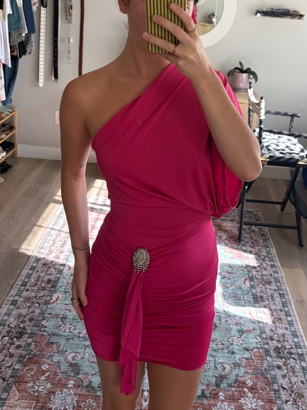Hot Pink Y2K One Shoulder Ruched Rhinestone Mini Dress S
